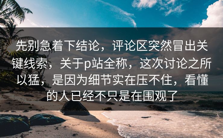 先别急着下结论,评论区突然冒出关键线索,关于p站全称,这次讨论之所以猛,是因为细节实在压不住,看懂的人已经不只是在围观了 先别急着下结论,评论区突然冒出关键线索,关于p站全称,这次讨论之所以猛,是因为细节实在压不住,看懂的人已经不只是在围观了